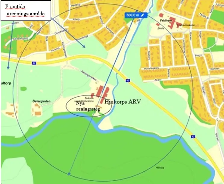 Kartan visar närområdet till Hjultorps avloppsreningsverk och skyddsavstånd om 500 m från reningsverket.