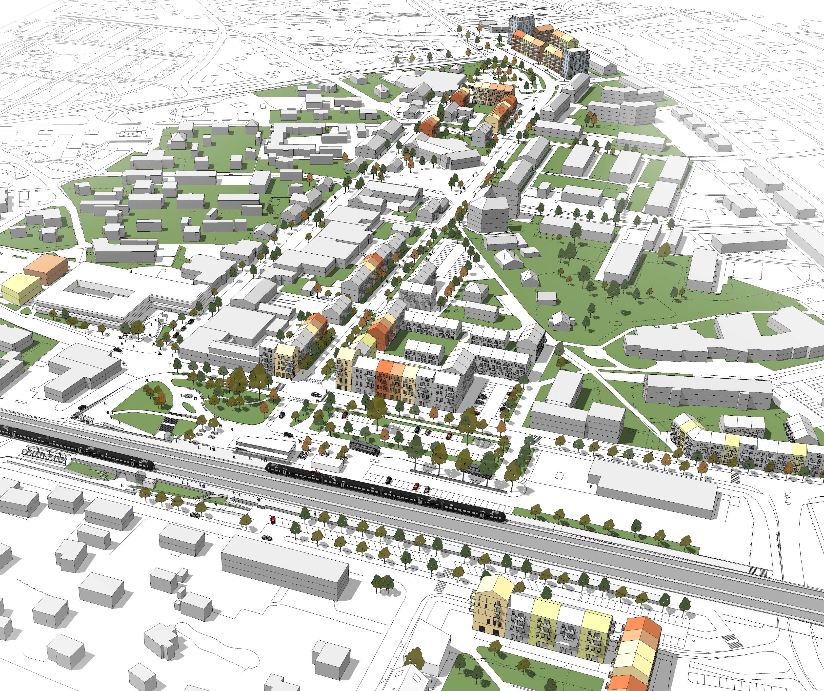 Vy över Vårgårda centrum. Illustration av Abako arkitektkontor AB