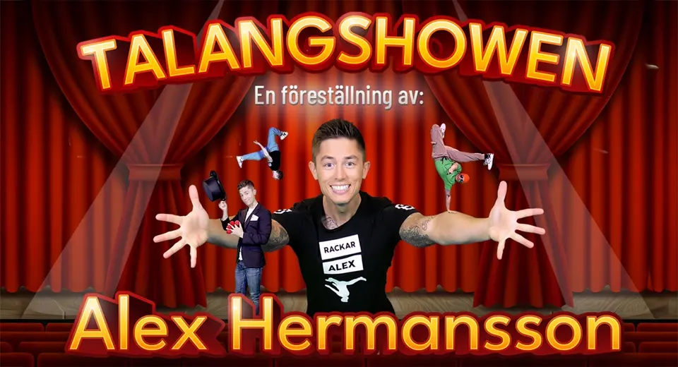 Alex Hermansson står med utsträckta armar. Runt honom står flera små Alex och utför olika konster.