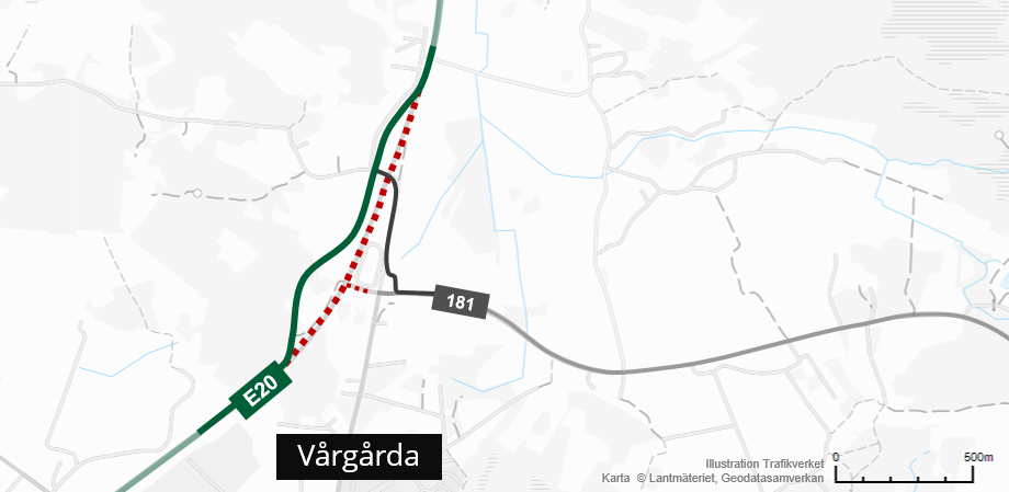 Karta med inritat den omledning som sker vid E20 i korsningen mot väg 181