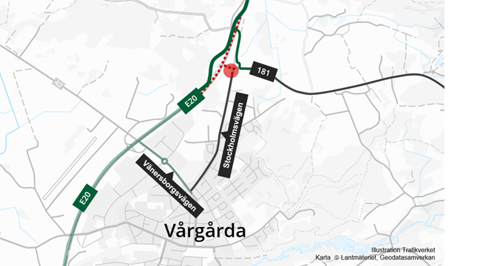 E20 väg till till väg 181 omleds via Stockholmsvägen