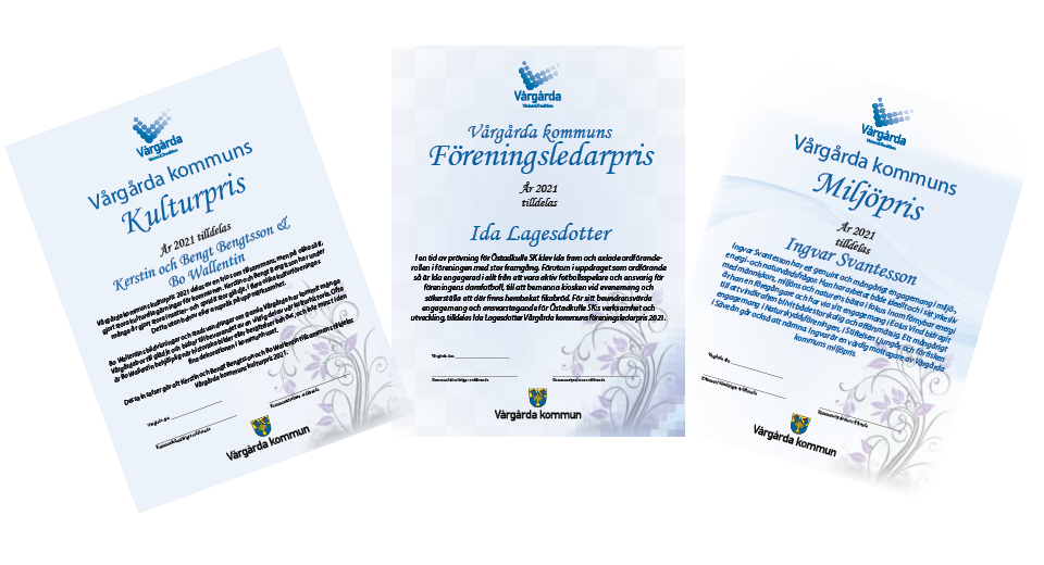 Diplom till den vinnaren av kulturpris, föreningsledarpris och miljöpris