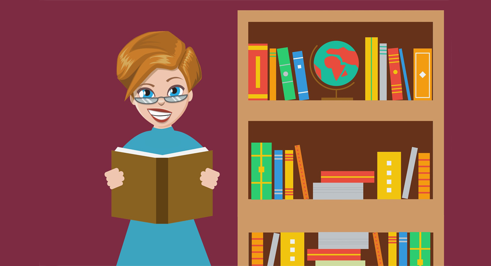 Bibliotekarie med bokhylla
