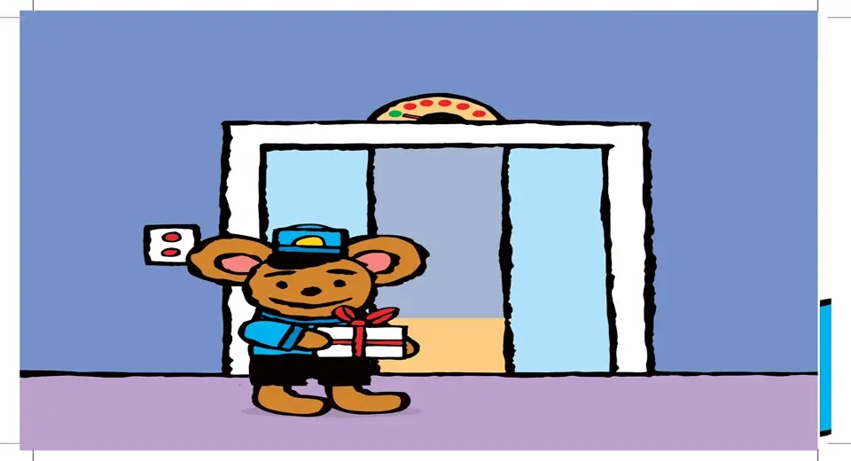 Bild på den tecknade björnen Pino som håller ett paket