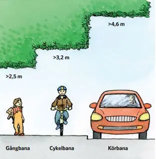 Fri höjd är minst 2,5 m för gångbana, 3,2 m för cykelbana och 4,6 m för körbana