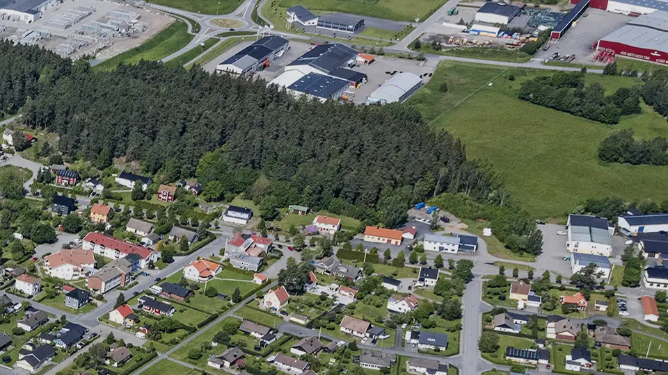 Flygbild över Flaskeberget och omgivande bebyggelse