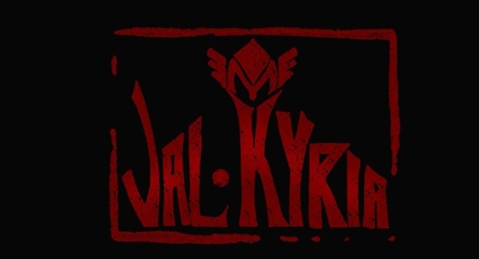 Val Kyria logotyp. Röd text med svart bakgrund