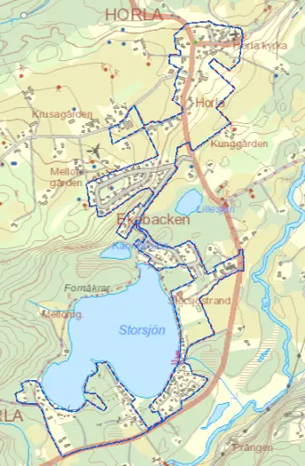 Karta över föreslaget nytt verksamhetsområde för kommunalt vatten och avlopp i Horla