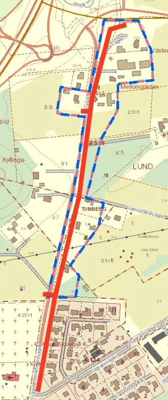 Karta över nytt verksamhetsområde för VA längs med Stockholmsvägen