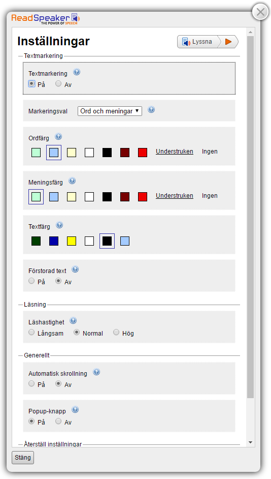 Inställningar Readspeaker