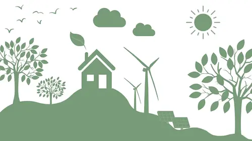 Dekorativ bild med ett hus omgivet av solceller, vindkraftverk, träd, moln, sol och fåglar.